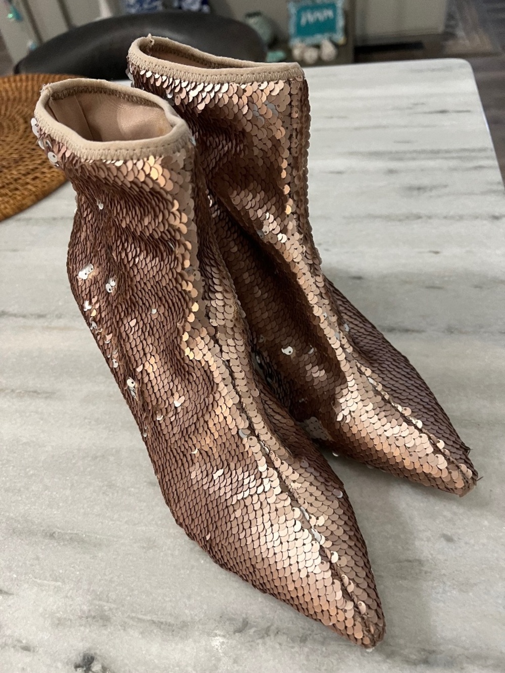Charles David sequined booties, 2.5 inch heel, size 8.5 M, pointed toe
